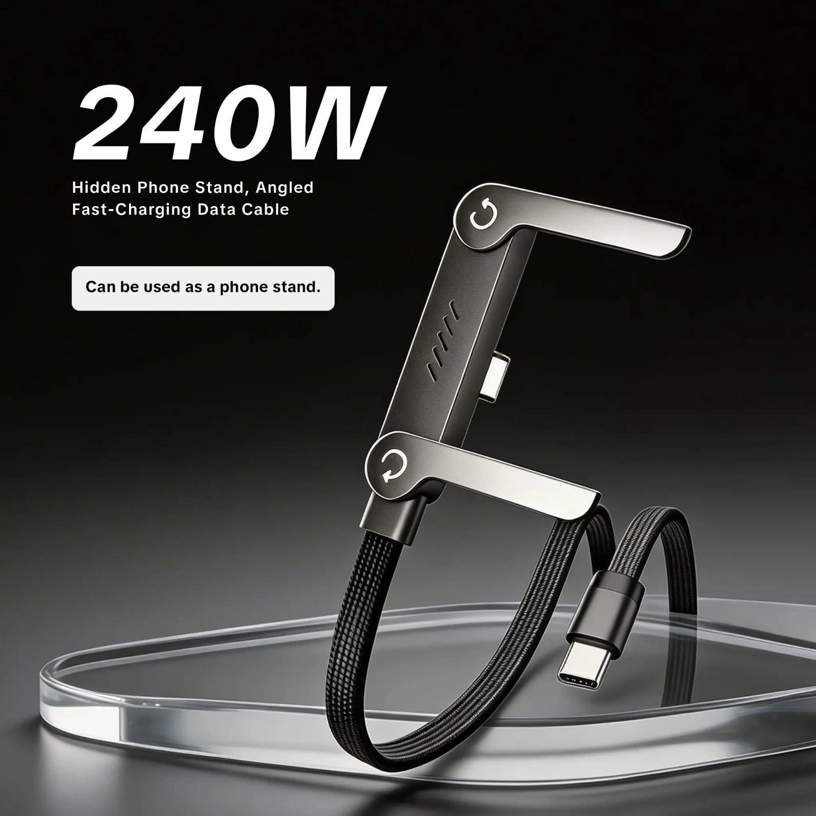 240W 5A Fast Charging & Sync USB-C to USB-C Cable – Braided Cord with Built-in Folding Phone Stand for Landscape & Portrait Viewing - Image 3