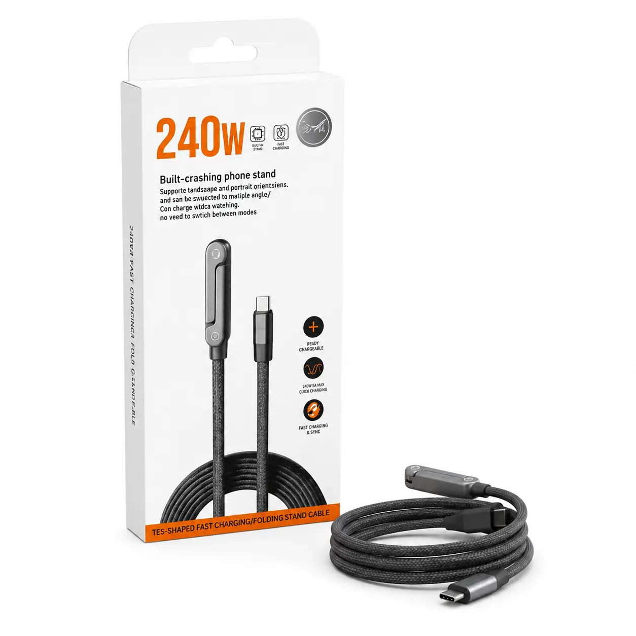 240W 5A Fast Charging & Sync USB-C to USB-C Cable – Braided Cord with Built-in Folding Phone Stand for Landscape & Portrait Viewing - Image 2