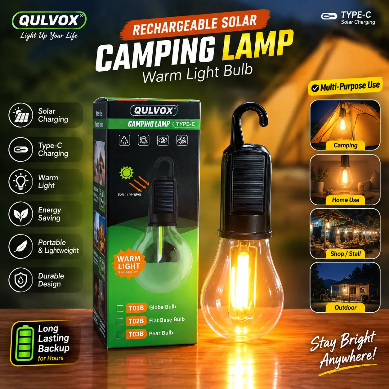 Rechargeable Solar Camping Lamp – Portable LED Hanging Lantern with Type-C Charging, Warm Ambient Light & Emergency Battery Backup for Outdoor & Home Use - Image 4